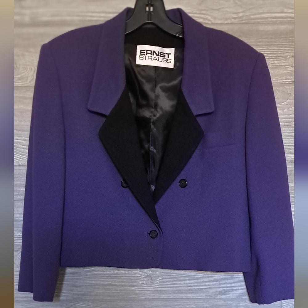 Ernst Strauss purple blazer with black trim in front, size 10, 100% pure wool